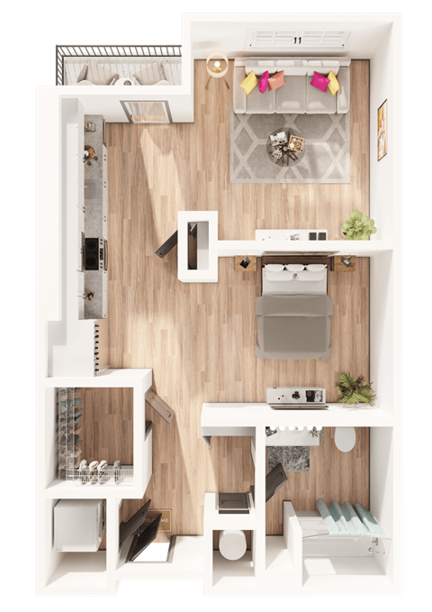 a 3D floorplan of a studio floorplan