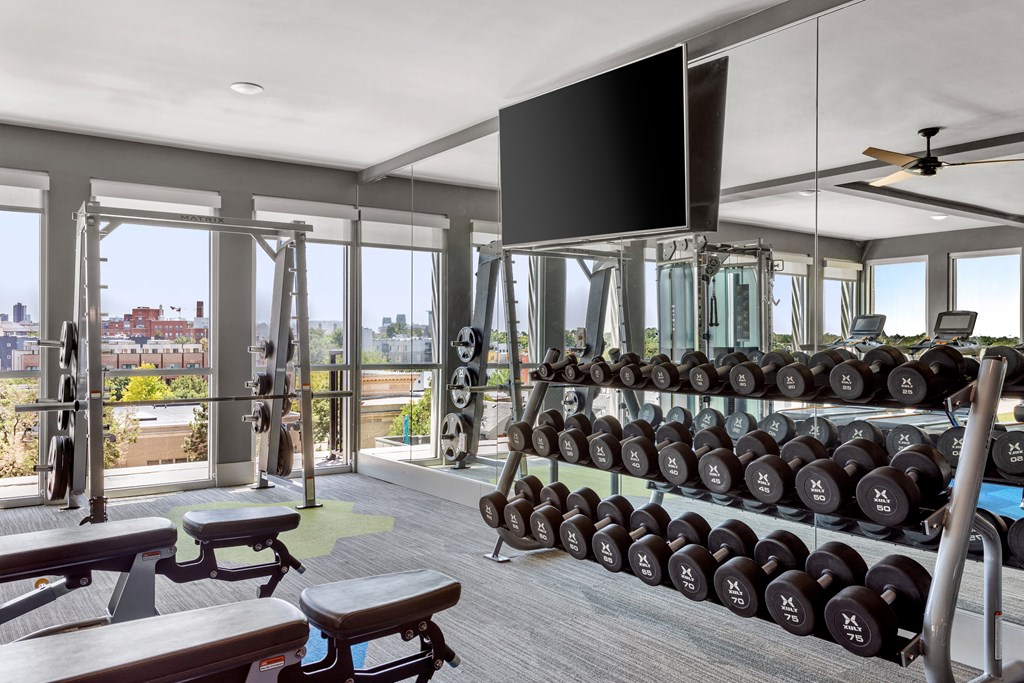 a gym with weights and a view of a city