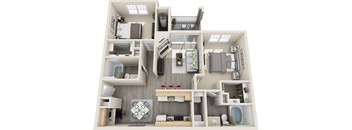 A 3D floor plan of a small apartment with a kitchen, living room, and bedroom.