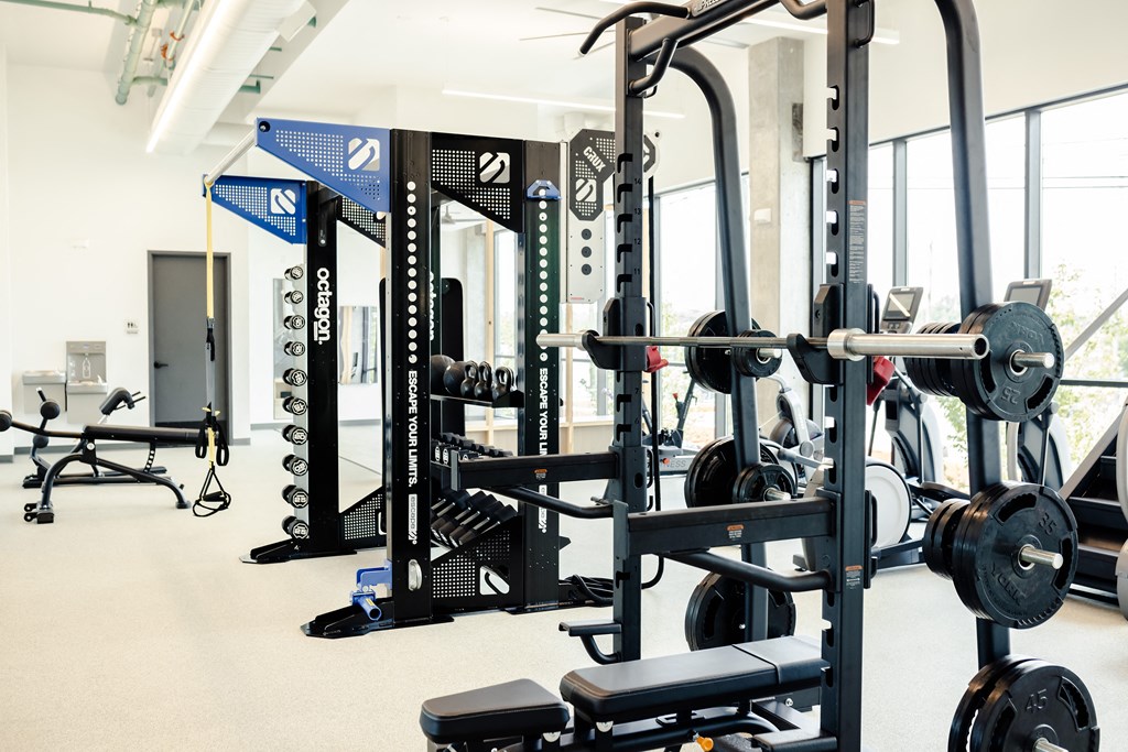 a row of weights machines and other exercise equipment in a gym