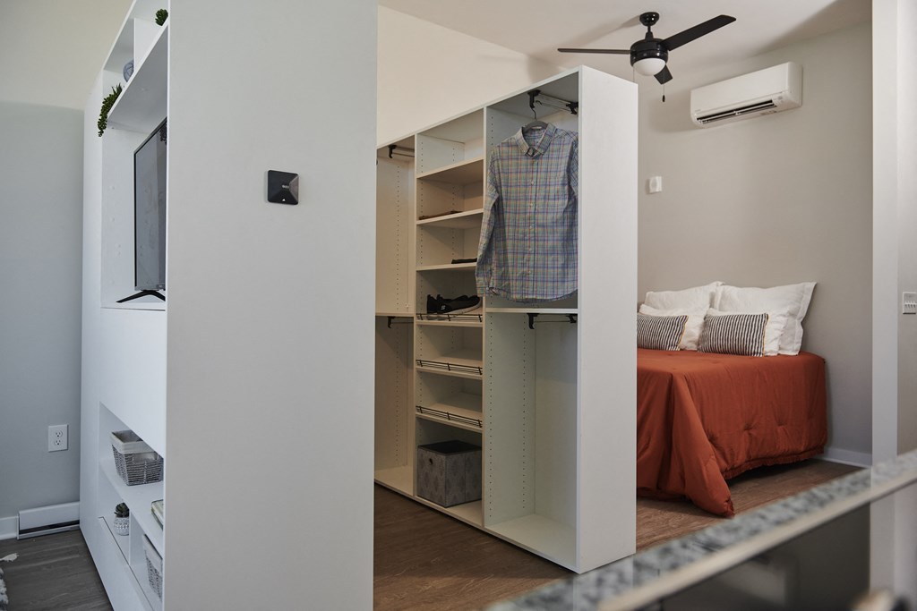 a bedroom with a wardrobe and a bed and a closet
