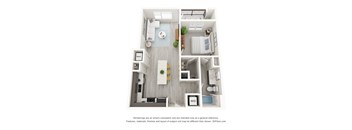 A 3D floor plan of a small apartment with a kitchen, living room, and bedroom.