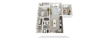 A 3D floor plan of a small apartment with a kitchen, living room, and bedroom.