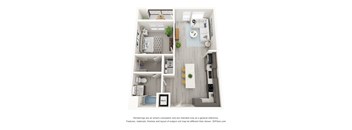 A 3D floor plan of a small apartment with a kitchen, living room, and bedroom.