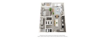 A 3D floor plan of a small apartment with a kitchen, living room, and bedroom.