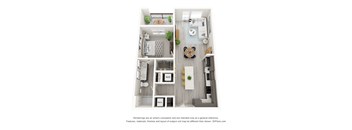 A top-down view of a small apartment with a kitchen, living room, and bathroom.
