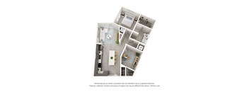 A 3D floor plan of a house with a kitchen, living room, dining room, and two bedrooms.