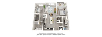 A 3D floor plan of a small apartment with a kitchen, living room, and bathroom.