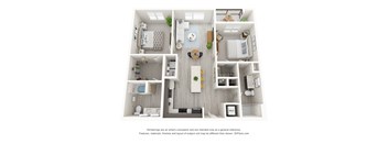 A 3D floor plan of a small apartment with a kitchen, living room, and bedrooms.
