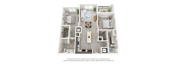 A 3D floor plan of a small apartment with a kitchen, living room, and bathroom.