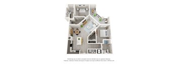 A 3D floor plan of a house with a kitchen, living room, and two bedrooms.