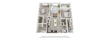 A 3D floor plan of a small apartment with a kitchen, living room, and bathroom.