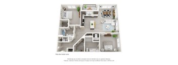 A 3D floor plan of a house with a kitchen, living room, dining room, and bedrooms.