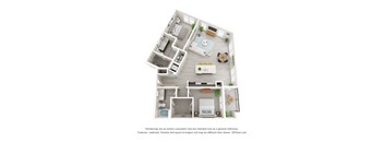 A 3D floor plan of a house with a kitchen, living room, and bedrooms.