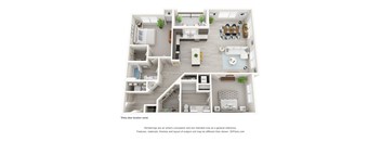 A 3D floor plan of a house with labeled rooms.