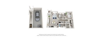 A 3D floor plan of a house with a living room, kitchen, and bathroom.