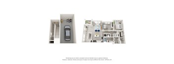 A 3D floor plan of a house with a garage and a car.