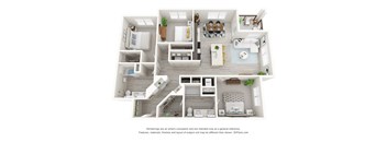 A 3D floor plan of a house with various rooms and furniture.