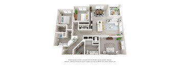 A 3D floor plan of a house with multiple rooms and furniture.