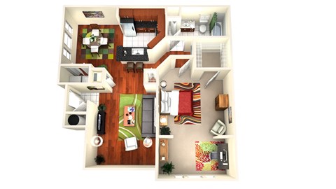 a 3d rendering of a floor plan with a bedroom and living room