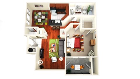 a stylized floor plan of a house with a bedroom and living room