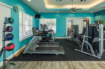 a gym with cardio equipment and weights in a room with blue walls