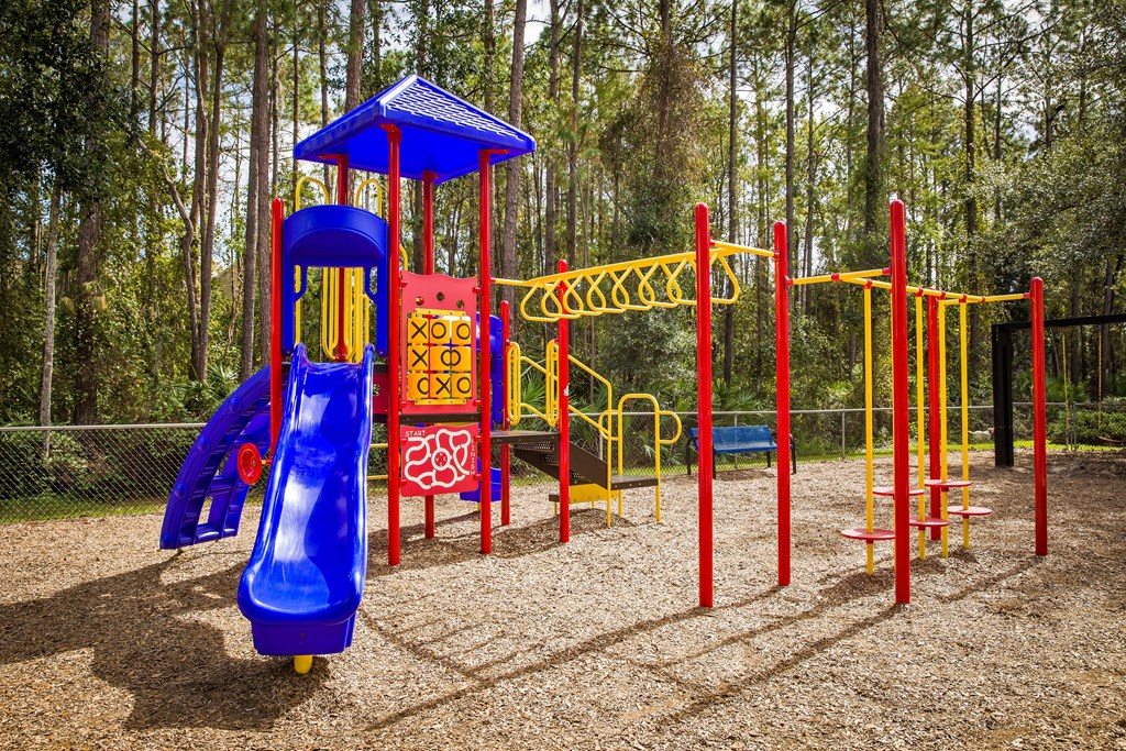 a playground with a blue slide and red monkey bars