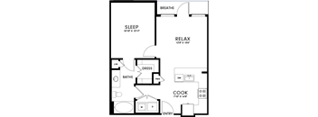 A floor plan of a house with labeled rooms such as sleep, relax, cook, and dress.