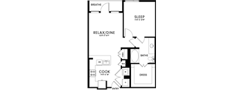A floor plan of a house with labeled rooms such as sleep, cook, and bath.