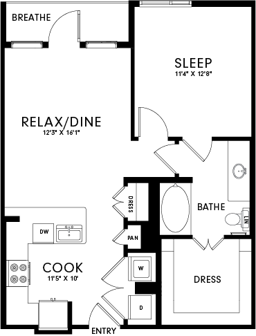 A floor plan of a house with labeled rooms such as sleep, cook, and bath.