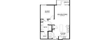 A floor plan of a house with a sleeping area, a cooking area, a bathroom, a dressing area, and a relaxation/dining area.