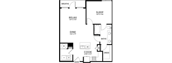 A floor plan of a house with labeled rooms such as sleep, cook, and dine.