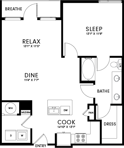 A floor plan of a house with labeled rooms such as sleep, cook, and dine.