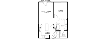 A floor plan of a Juliet balcony apartment with a sleeping area, a kitchen, a bathroom, and a dress area.