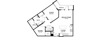A floor plan of a house with labeled rooms such as sleep, work, and cook.