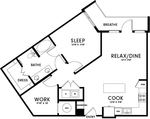 A floor plan of a house with labeled rooms such as sleep, work, and cook.