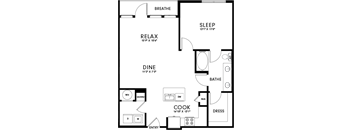 A floor plan of a house with labeled rooms such as sleep, cook, and dine.