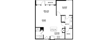 A floor plan of a house with labeled rooms such as "BREATHE", "RELAX", "DINE", "COOK", "SLEEP", "BATHE", and "DRESS".