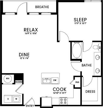 A floor plan of a house with labeled rooms such as "BREATHE", "RELAX", "DINE", "COOK", "SLEEP", "BATHE", and "DRESS".