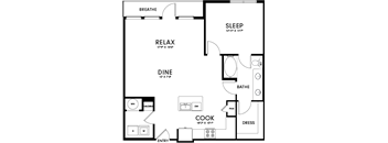 A floor plan of a house with labeled rooms such as sleep, cook, and dine.