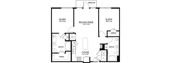 A floor plan of a house with labeled rooms such as sleep, cook, and bath.