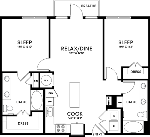 A floor plan of a house with labeled rooms such as sleep, cook, and bath.