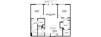 A floor plan of a house with two bedrooms, a bathroom, a dressing room, a kitchen, a dining room, and a relaxation/dine area.