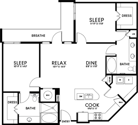 A floor plan of a house with labeled rooms such as sleep, relax, dine, cook, and bath.