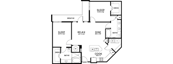 A floor plan of a house with labeled rooms such as sleep, relax, dine, cook, and bath.
