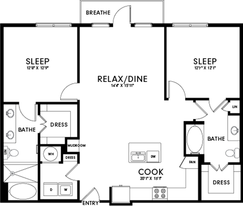 A floor plan of a house with two bedrooms, a kitchen, a bathroom, a dressing room, and a relaxation/dining area.