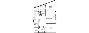 A floor plan of a house with two bedrooms, a kitchen, a bathroom, and a dining area.