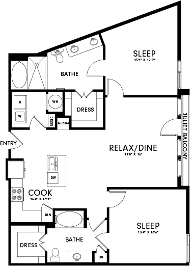 A floor plan of a house with two bedrooms, a kitchen, a bathroom, and a dining area.