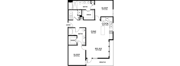 A floor plan of a house with labeled rooms such as "BATHE," "DRESS," "COOK," and "RELAX."