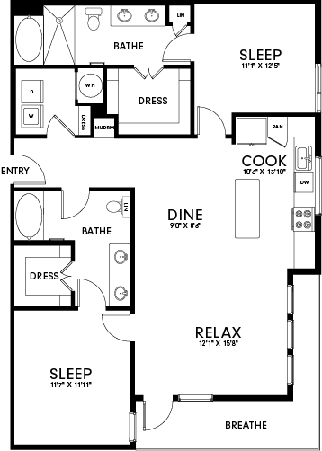 A floor plan of a house with labeled rooms such as "BATHE," "DRESS," "COOK," and "RELAX."
